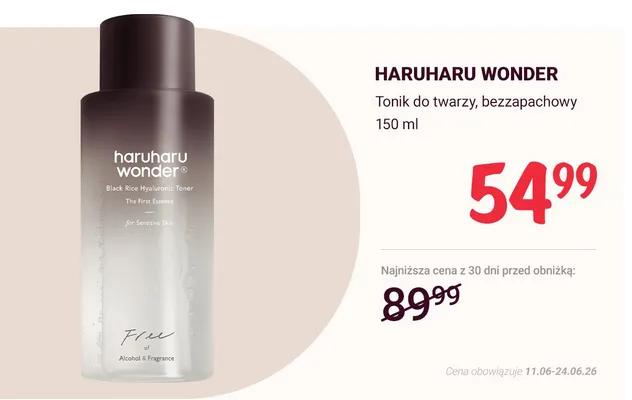 Tonik do twarzy bezzapachowy Haruharu Wonder promocja w Rossmann