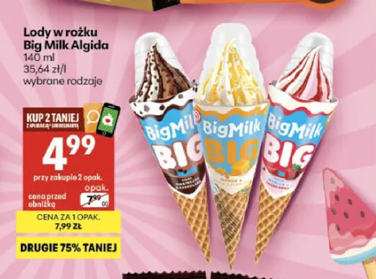 Lody w rożku Big Milk czekoladowe promocja w Delikatesy Centrum