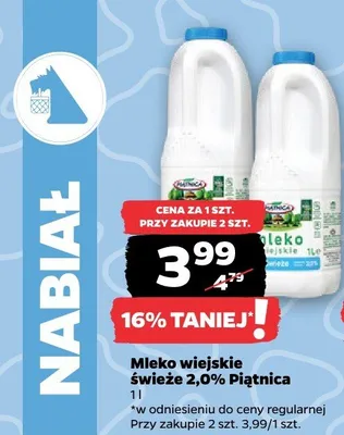 Mleko wiejskie świeże 2,0% Piątnica promocja w Netto