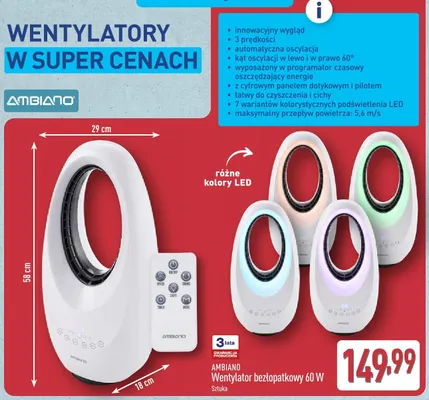 Wentylator bezłopatkowy AMBIANO 60W promocja w Aldi