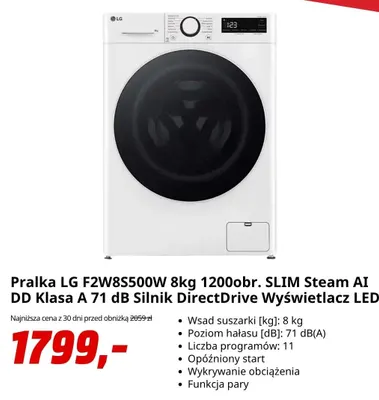 Pralka Lg F2W8S500W 8 kg 1200obr. Slim Steam Ai Dd Klasa A 71dB Silnik DirectDrive Wyświetlacz LED promocja w Media Markt