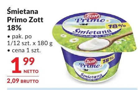Śmietana Primo Zott 18% promocja w Makro