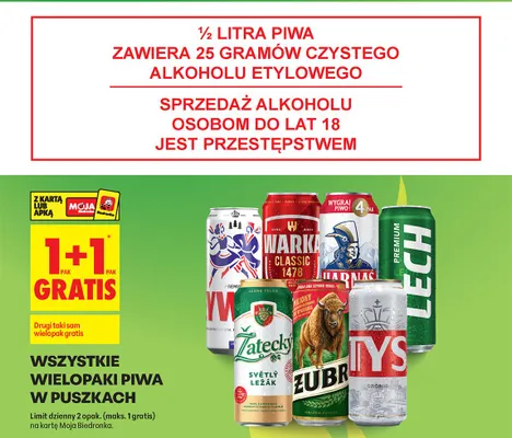 Wszystkie wielopaki piwa w puszkach 1+1 GRATIS promocja w Biedronka