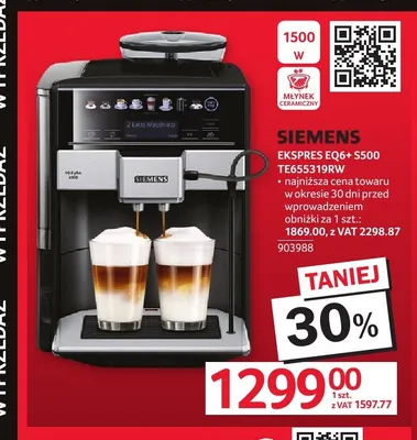 Ekspres do kawy Siemens EQ6+ S500 TE655319RW promocja w Selgros