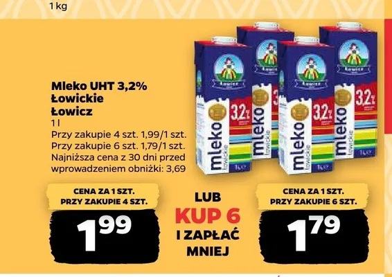 Mleko UHT 3,2% Łowickie promocja w Netto