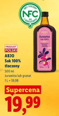Sok 100% tłoczony żurawina lub granat Abjo promocja w Lidl