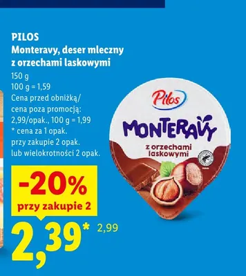 Deser mleczny Monteravy z orzechami laskowymi Pilos promocja w Lidl