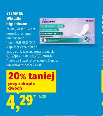 Wkładki higieniczne Siempre Plus Large promocja w Lidl