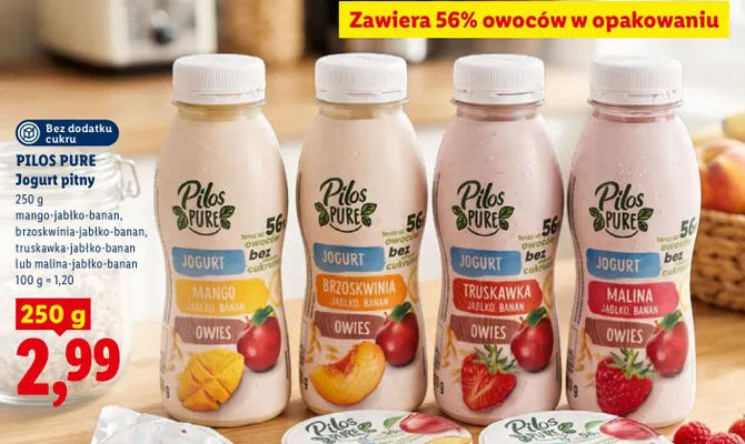 Jogurt pitny Pilos Pure brzoskwinia-jabłko-banan promocja w Lidl