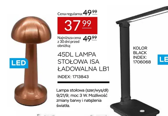 Lampa stołowa Isa ładowalna 45DL LB1 promocja w Abra Meble