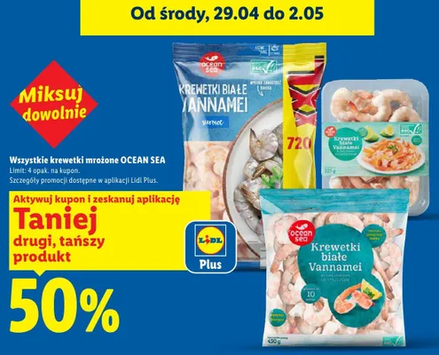 Krewetki białe Vannamei mrożone Ocean Sea promocja w Lidl
