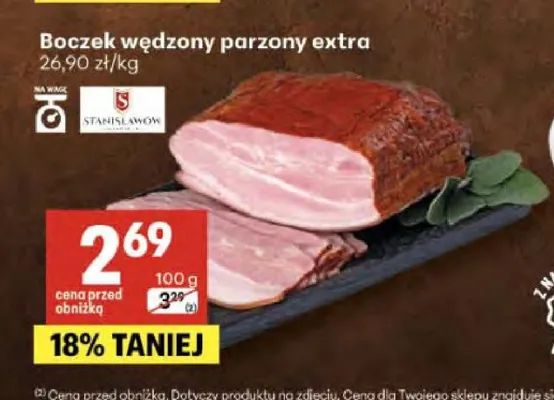 Boczek wędzony parzony extra Stanisławów promocja w Delikatesy Centrum