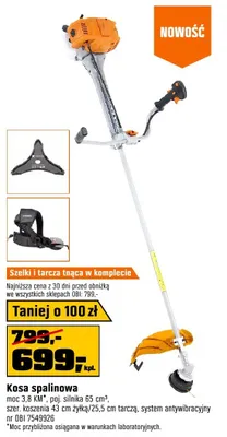 Kosa spalinowa moc 3,8KM pojemność silnika 65cm³ szer. koszenia 43cm żyłką/25,5cm tarczą system antywibracyjny promocja w OBI