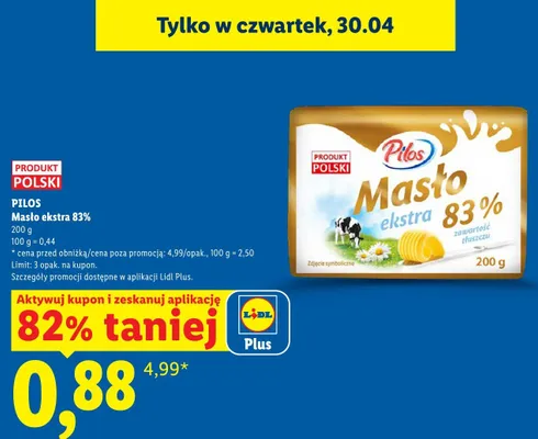 Masło ekstra 83% Pilos promocja w Lidl