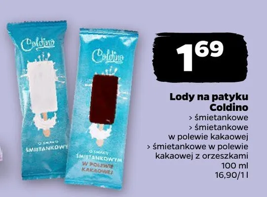 Lody na patykę Coldino śmietankowe w polewie kakaowej z orzeszkami promocja w Netto