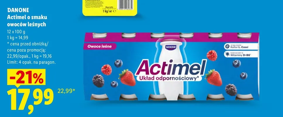 Actimel o smaku owoców leśnych Danone 12-pak promocja w Lidl