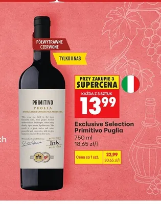 Wino czerwone półwytrawne Exclusive Selection Primitivo Puglia promocja w Biedronka