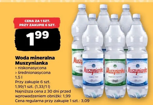 Woda mineralna Muszynianka niskonasycona, średnionasycona promocja w Netto