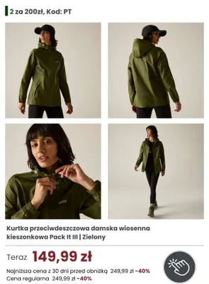 Kurtka przeciwdeszczowa damska wiosenna kieszonkowa Regatta Pack It III zielona promocja w Regatta