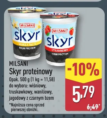 Skyr proteinowy jagodowy z czarnym bzem Milsani promocja w Aldi