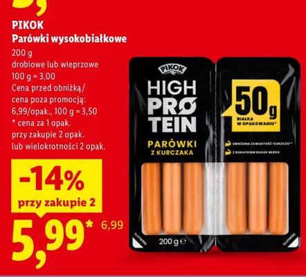 Parówki wysokobiałkowe drobiowe Pikok promocja w Lidl