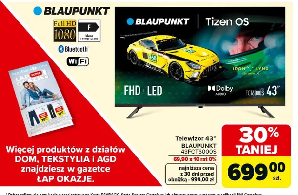 Telewizor 43" FHD LED Tizen OS Bluetooth WiFi 43FCT6000S promocja w Carrefour