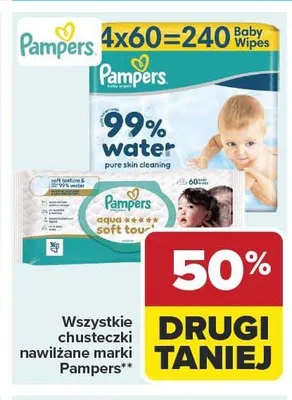 Chusteczki nawilżane Pampers 99% water 4-pak promocja w Carrefour Market