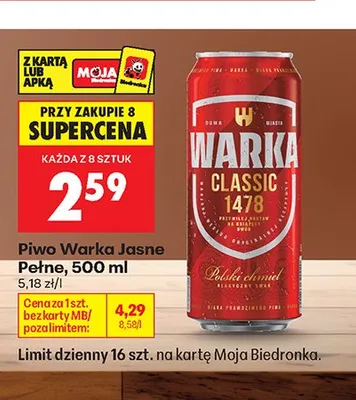 Piwo Warka Jasne Pełne promocja w Biedronka