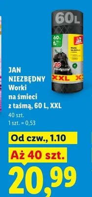 Worki na śmieci z taśmą 60 l XXL 40-pak Jan Niezbędny promocja w Lidl
