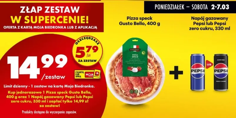 Zestaw: pizza speck 400g + napój gazowany Pepsi lub Pepsi zero cukru 330ml promocja w Biedronka