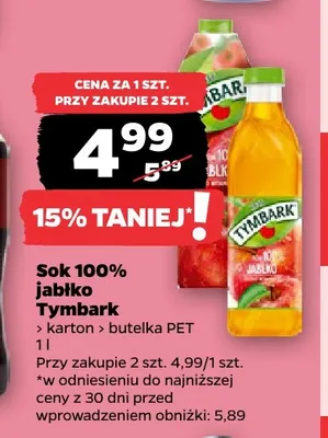 Sok jabłko Tymbark butelka PET 100% promocja w Netto