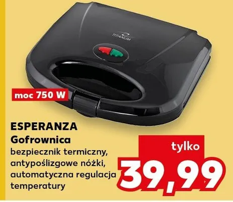 Gofrownica Esperanza 750W bezpiecznik termiczny antypoślizgowe nóżki automatyczna regulacja temperatury promocja w Kaufland