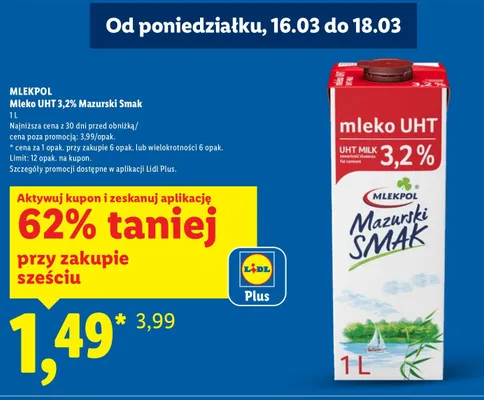 Mleko UHT 3,2% Mazurski Smak promocja w Lidl