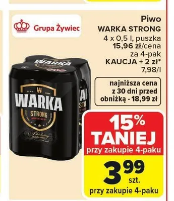 Piwo Warka Strong 4-pak 500ml promocja w Carrefour Market