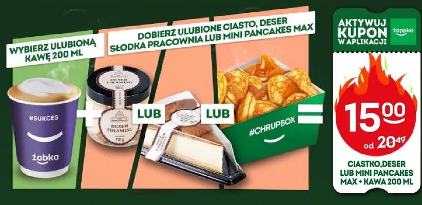 Zestaw Meal Deal: Kawa Żabka 200 ml + Ciasto, deser Tiramisu Słodka Pracownia lub Mini Pancakes Max promocja w Żabka