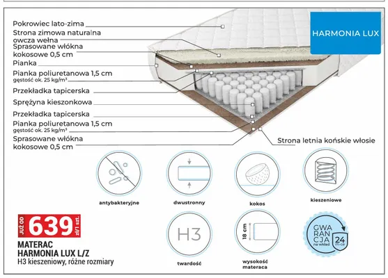 Materac kieszeniowy Harmonia Lux L/Z H3 promocja w Merkury Market