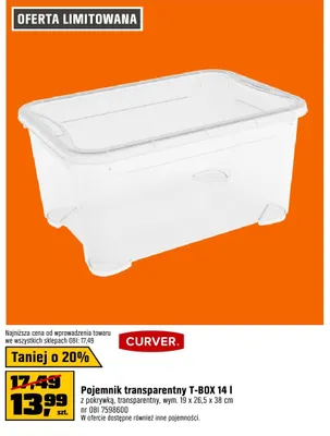 Pojemnik transparentny CURVER T-BOX 14l z pokrywką 19x26,5x38cm promocja w OBI