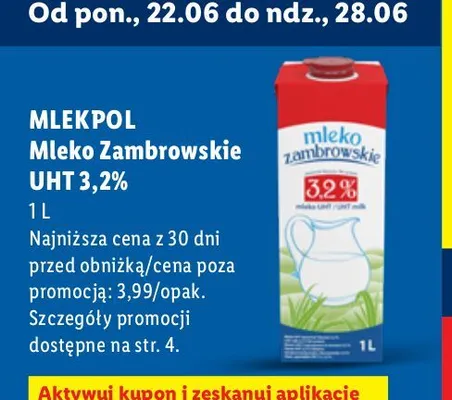 Mleko Zambrowskie UHT 3,2% Mlekpol promocja w Lidl