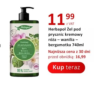 Żel pod prysznic kremowy Herbapol Róża Wanilia Bergamotka promocja w Poczta Polska
