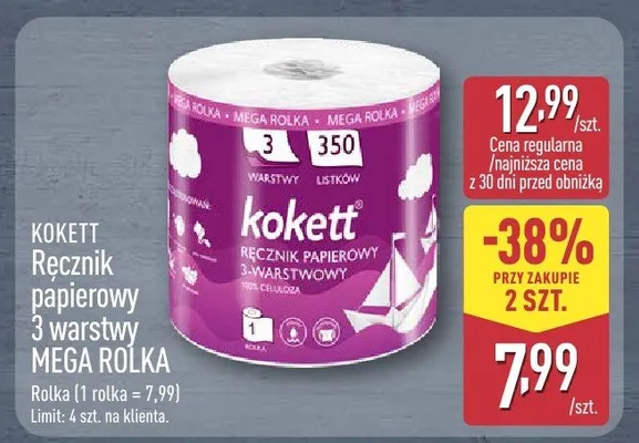 Ręcznik papierowy 3-warstwowy Mega Rolka Kokett promocja w Aldi