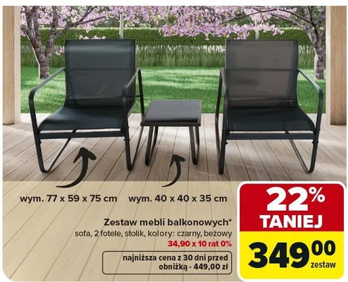 Zestaw mebli balkonowych sofa, 2 fotele, stolik, kolory: czarny, beżowy promocja w Carrefour