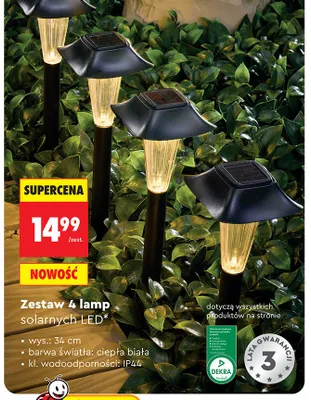 Zestaw 4 lamp solarnych LED wys. 34cm promocja w Biedronka