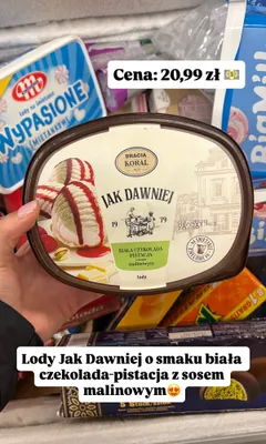 Lody Jak Dawniej o smaku biała czekolada-pistacja z sosem malinowym promocja w Dino