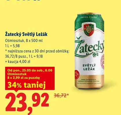 Piwo Žatecký Světlý Ležák 8-pak 500ml promocja w Lidl