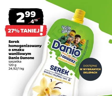Serek homogenizowany o smaku waniliowym Danio Danone saszetka promocja w Netto