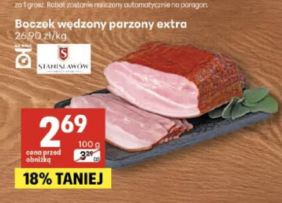 Boczek wędzony parzony extra Stanisławów promocja w Delikatesy Centrum
