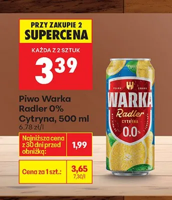 Piwo Warka Radler 0% cytryna promocja w Biedronka