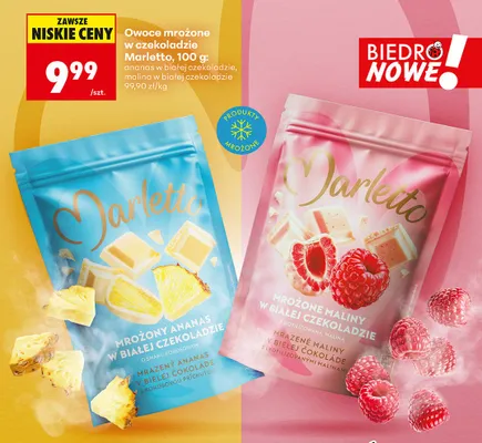Owoce mrożone Marletto Maliny w białej czekoladzie z liofilizowaną maliną promocja w Biedronka