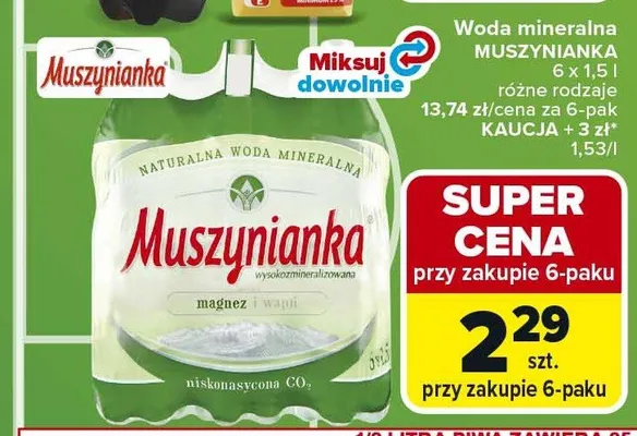 Woda mineralna Muszynianka niskonasycona CO2 promocja w Carrefour Market