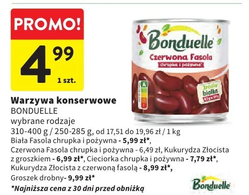 Warzywa konserwowe Czerwona Fasola, Biała Fasola chrupka i pożywna, Kukurydza Złocista z groszkiem promocja w Intermarche